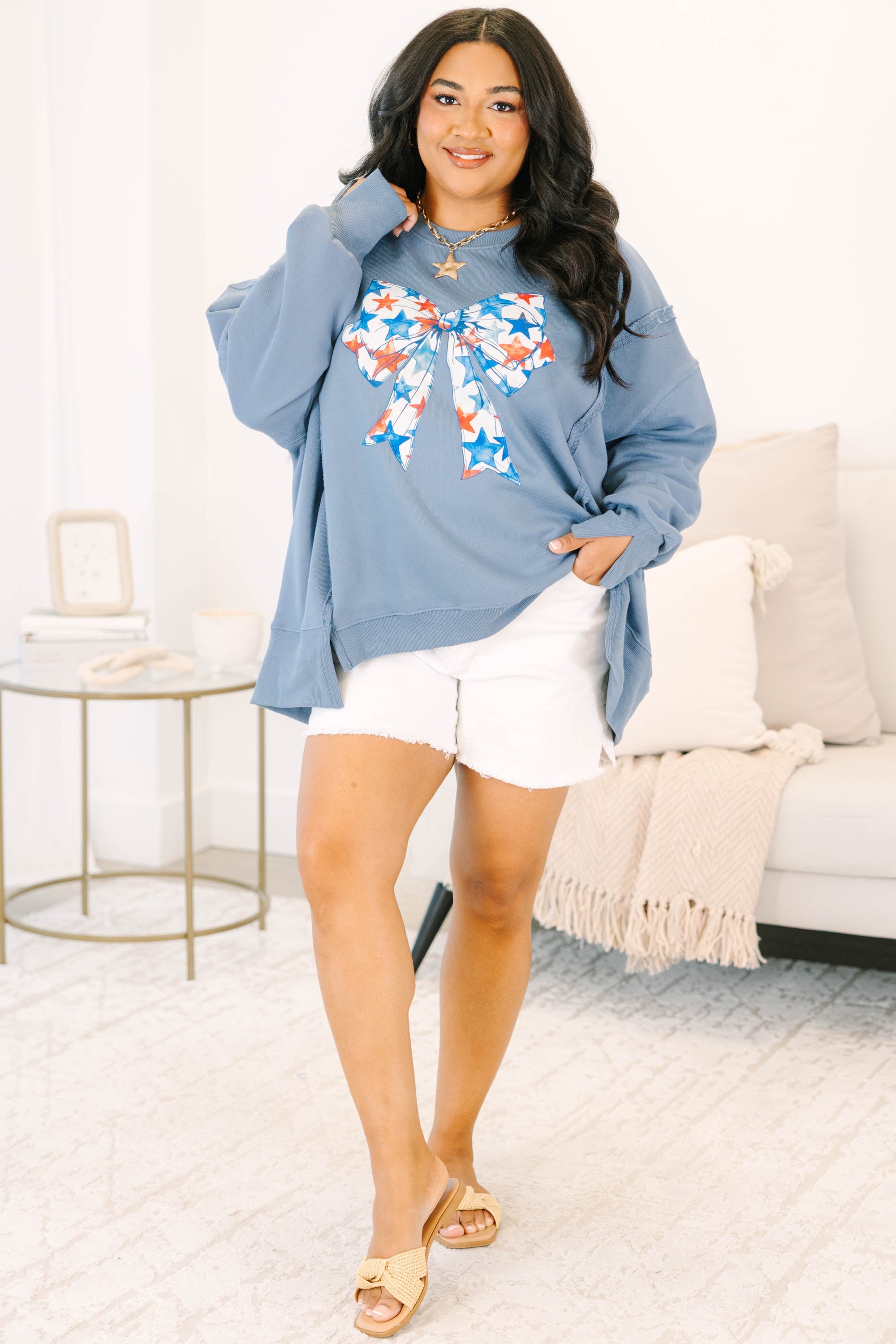 Starry Bow Comfy Crew, Denim