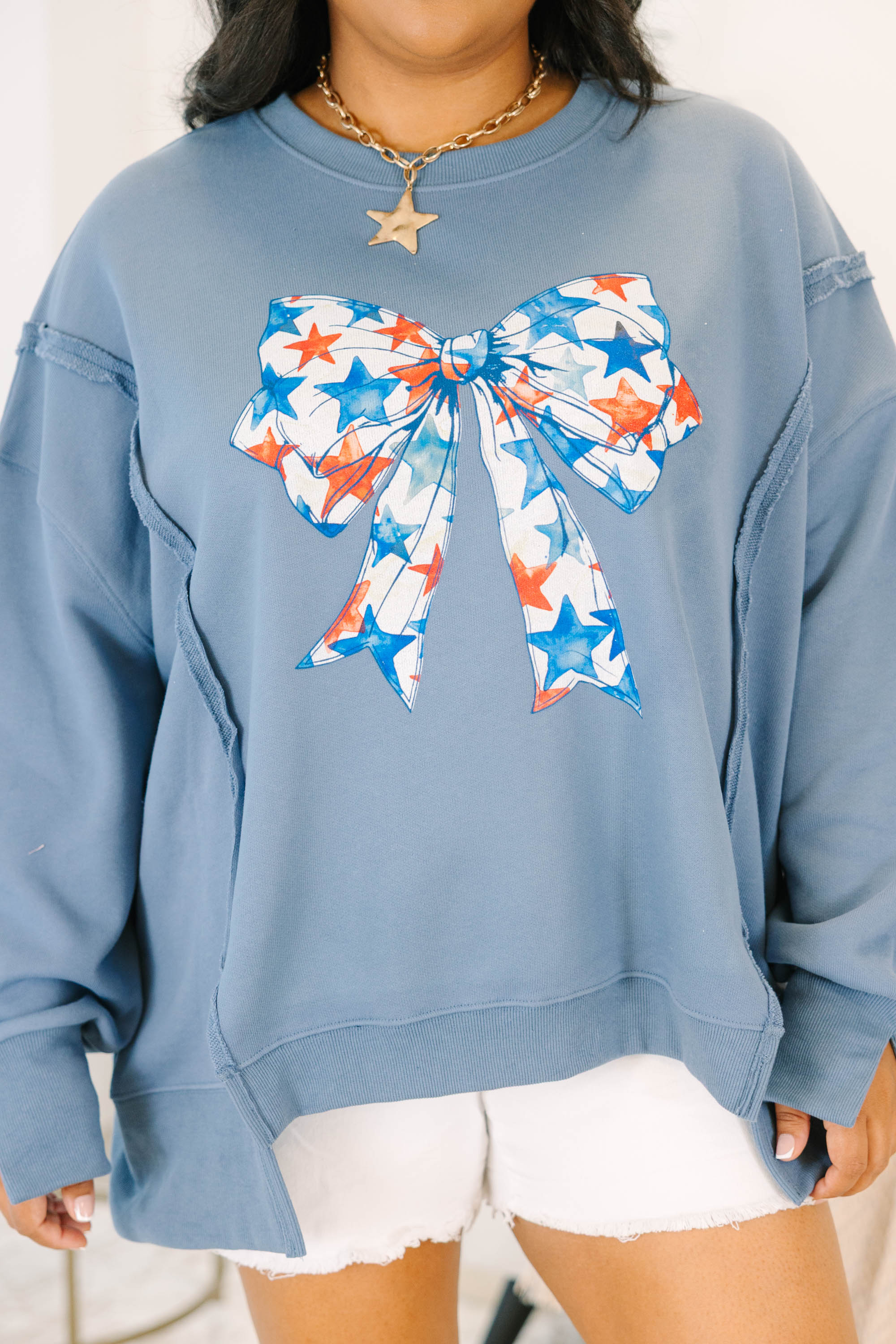 Starry Bow Comfy Crew, Denim