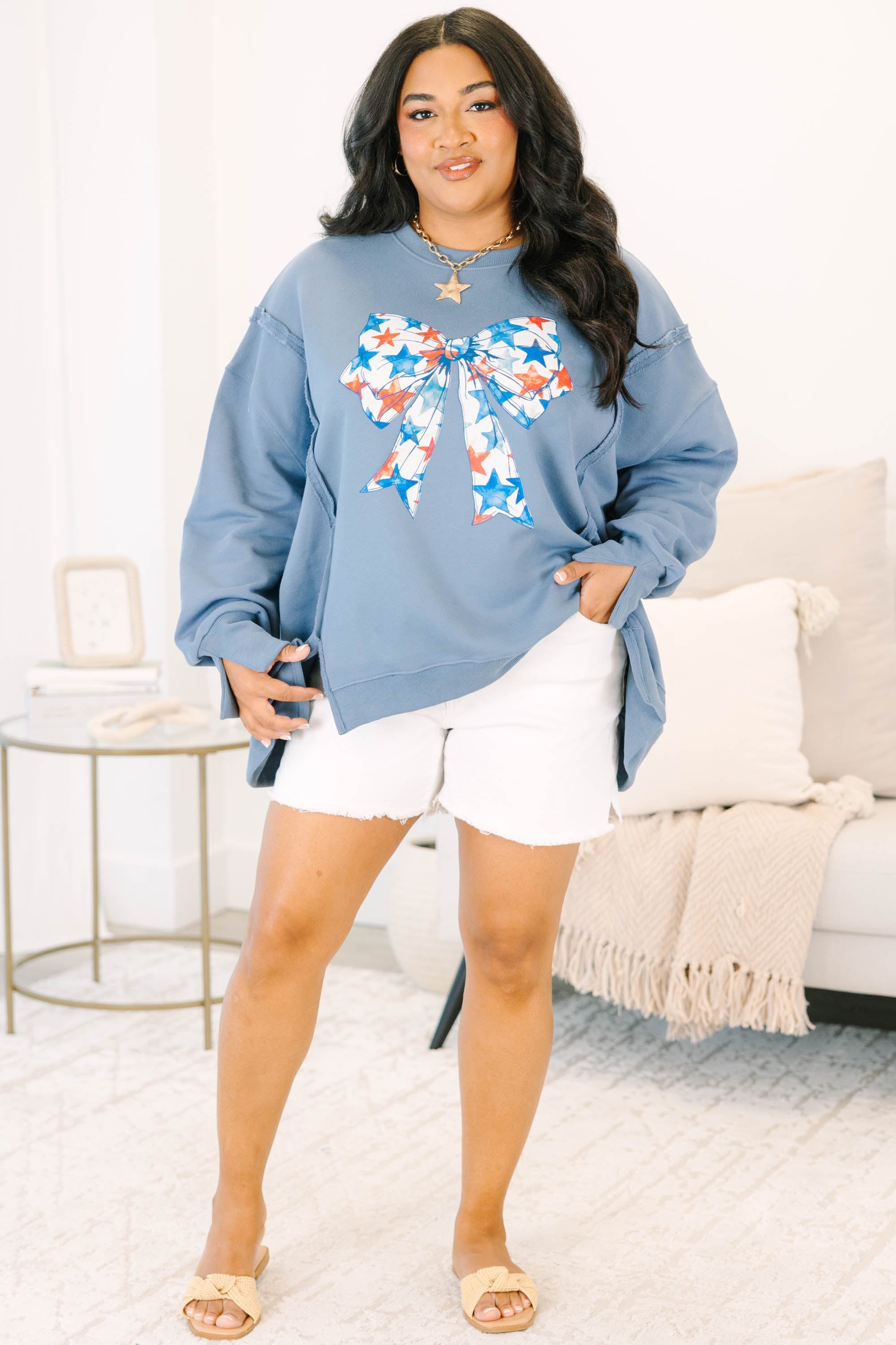 Starry Bow Comfy Crew, Denim
