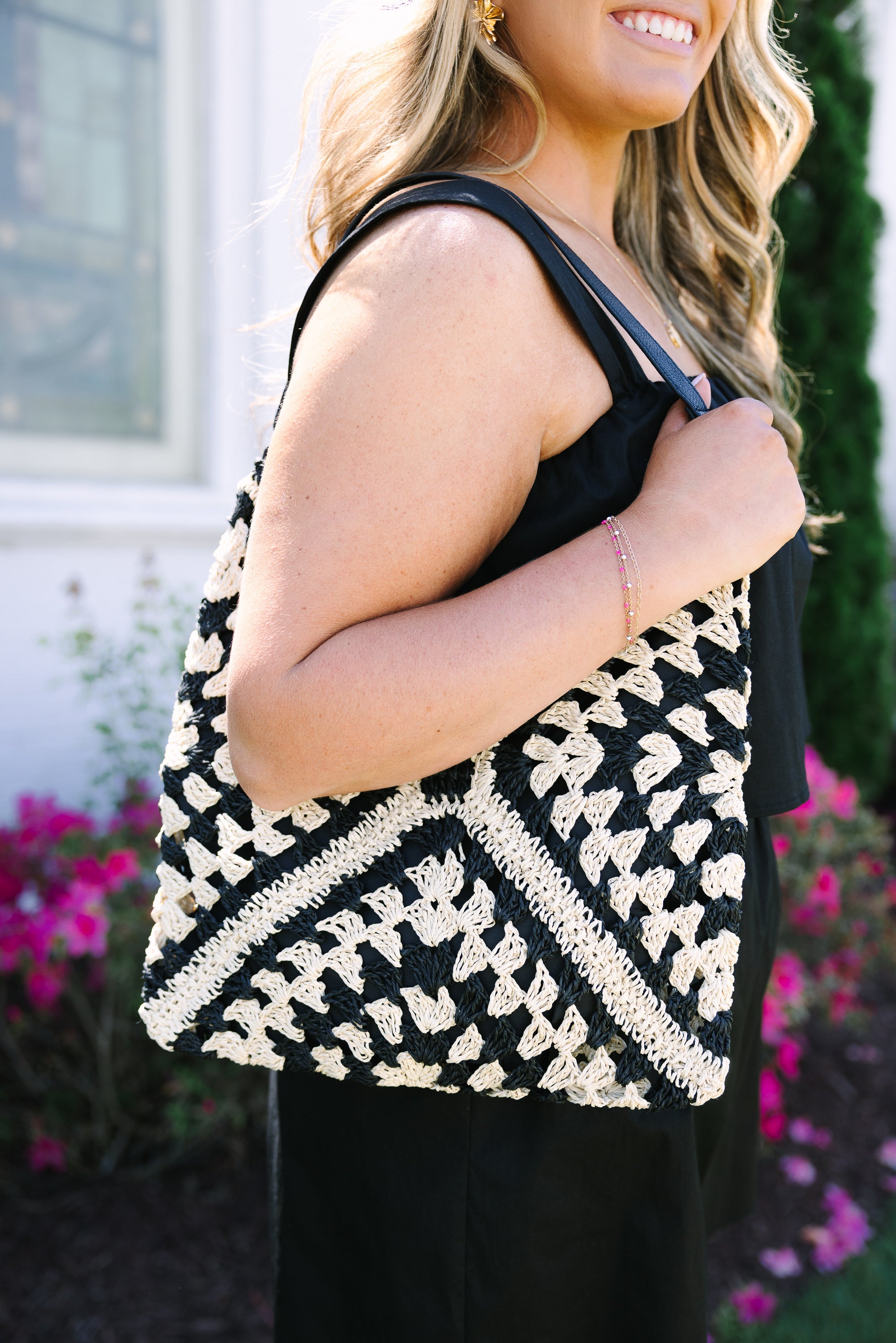 Sunset Straw Bag, Black-Cream