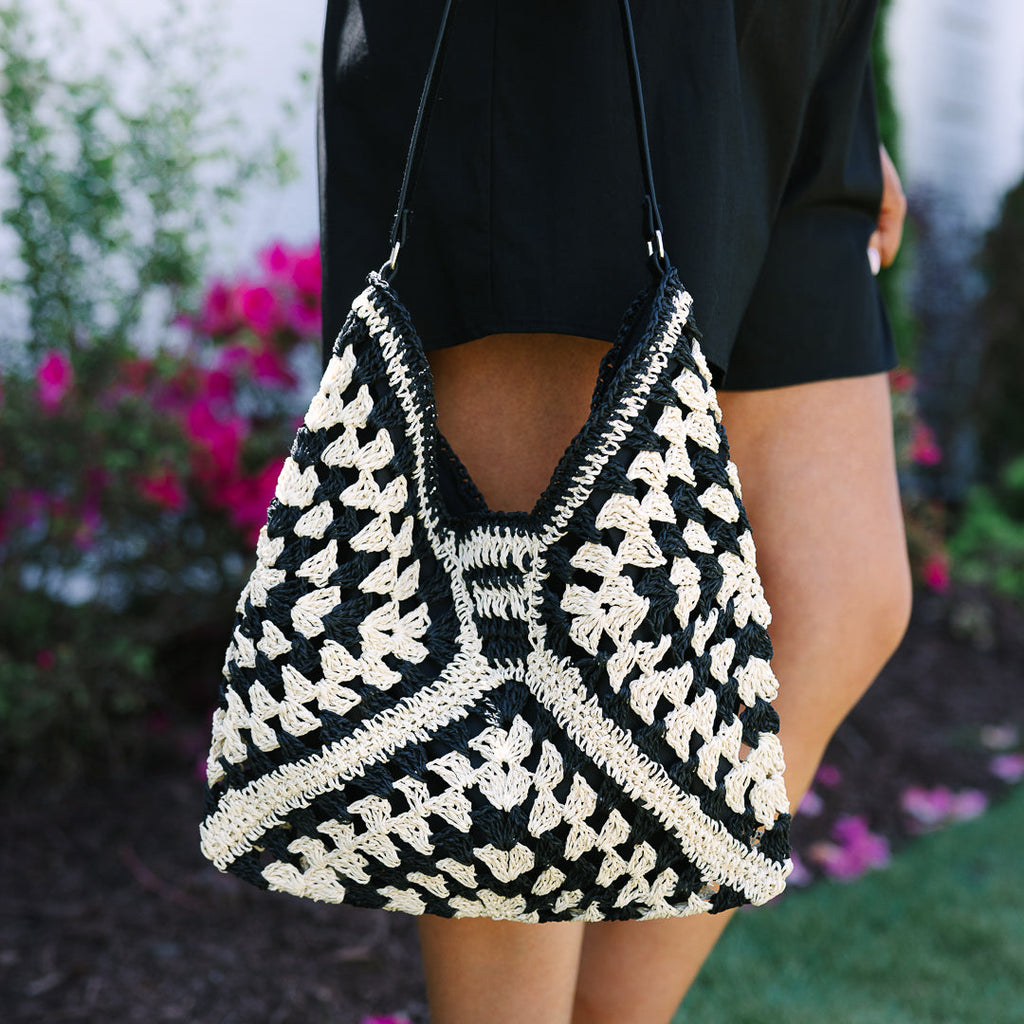 Sunset Straw Bag, Black-Cream