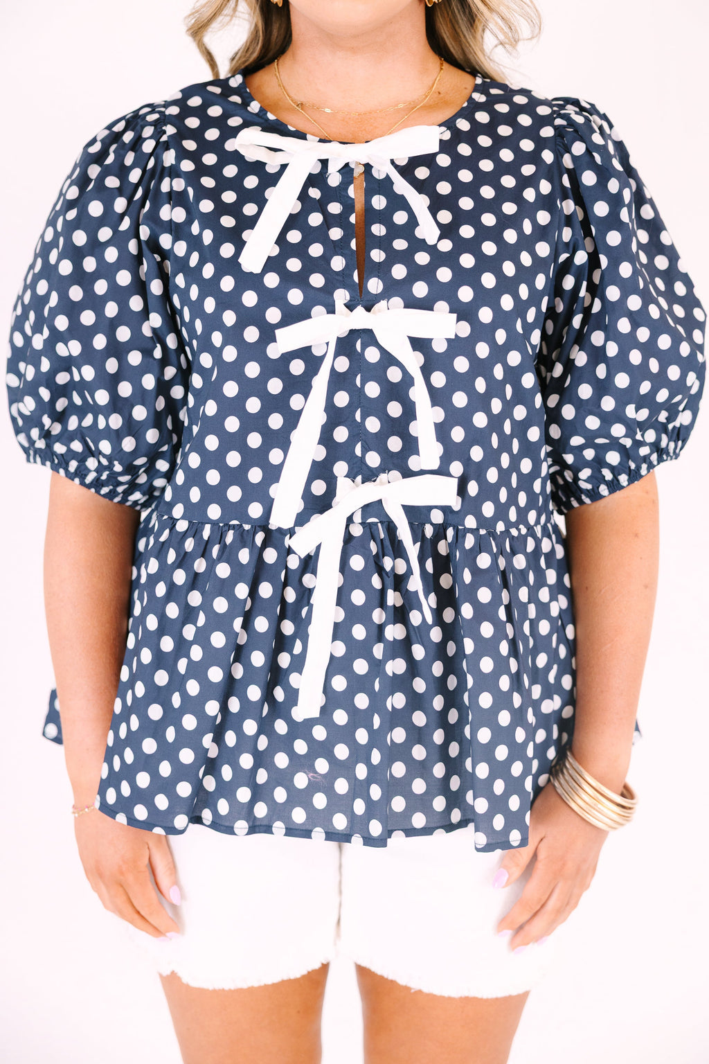 Take It Easy Now Top, Navy Polka Dot