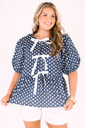 Take It Easy Now Top, Navy Polka Dot