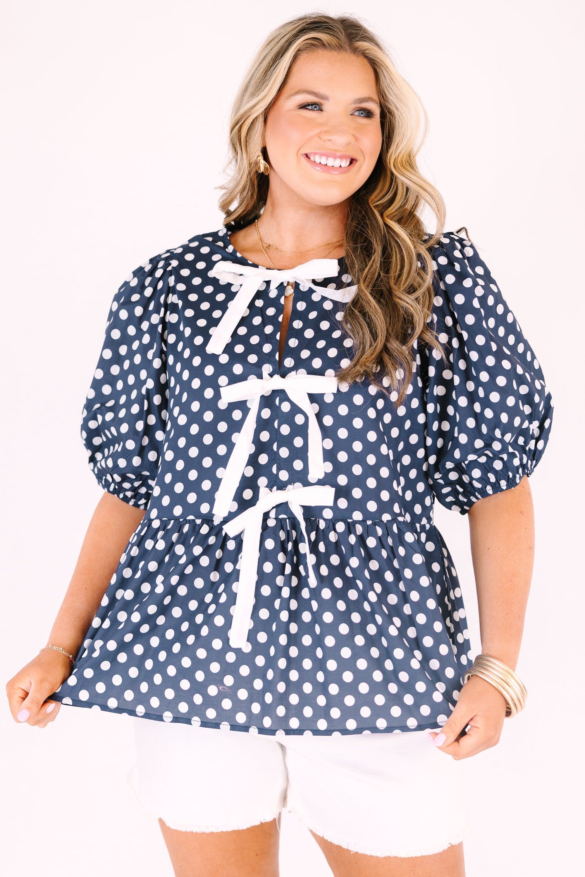 Take It Easy Now Top, Navy Polka Dot
