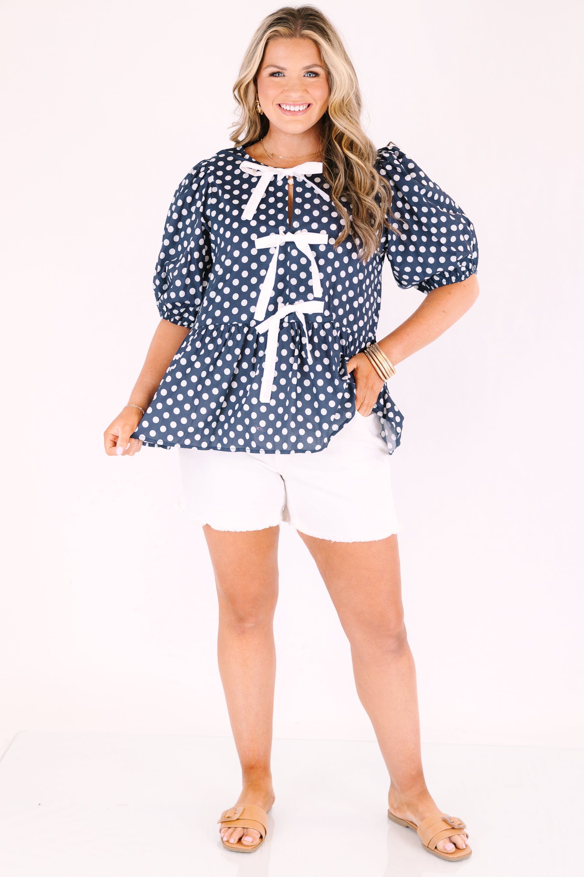 Take It Easy Now Top, Navy Polka Dot