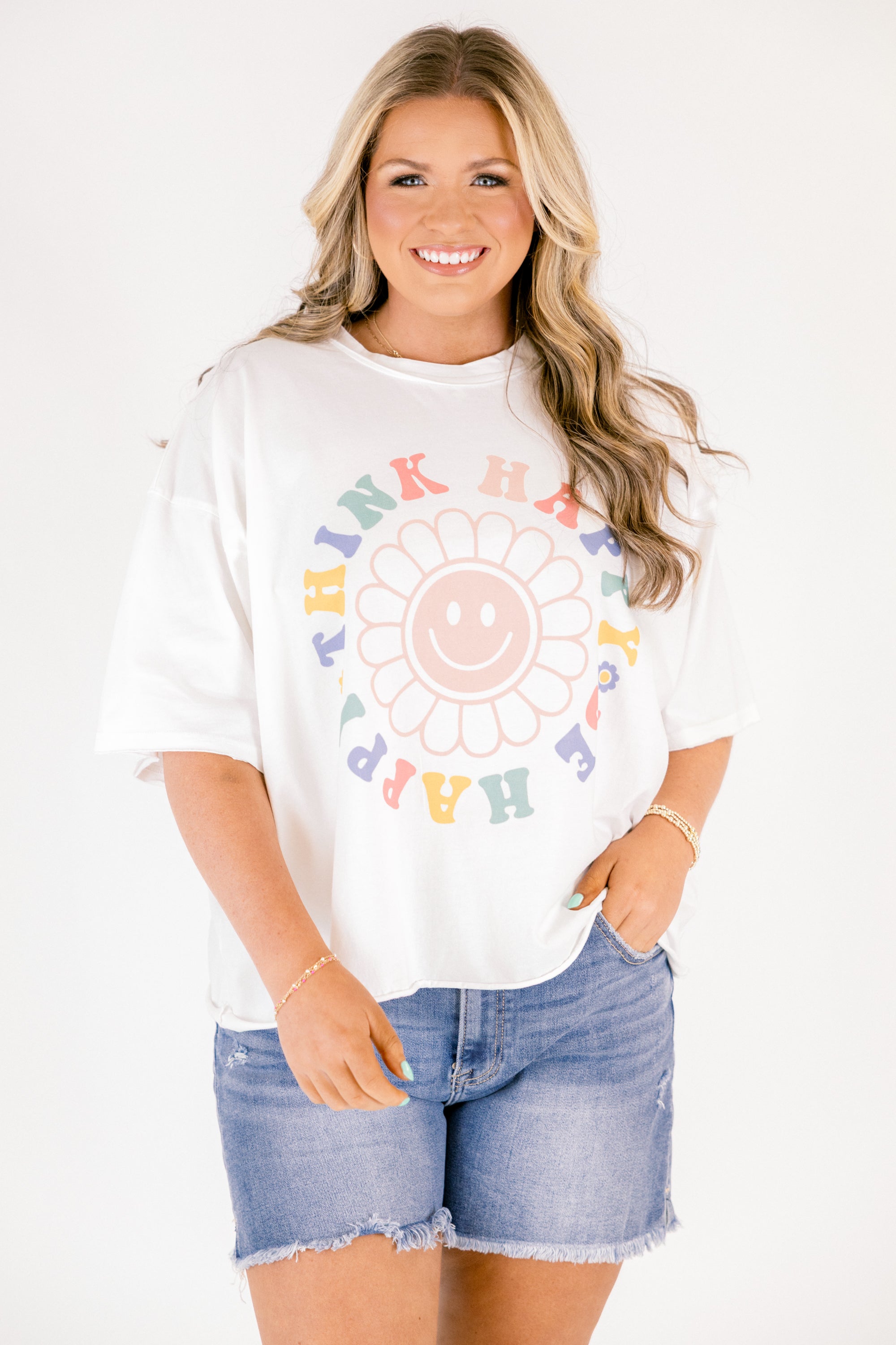 Think Happy Be Happy Vintage Wash Tee, White