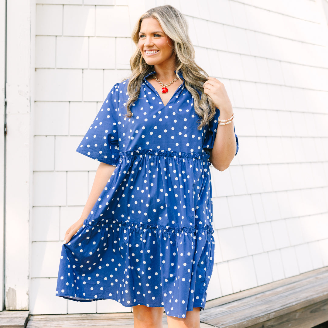 Through The Arbor Dress, Navy Polka Dot