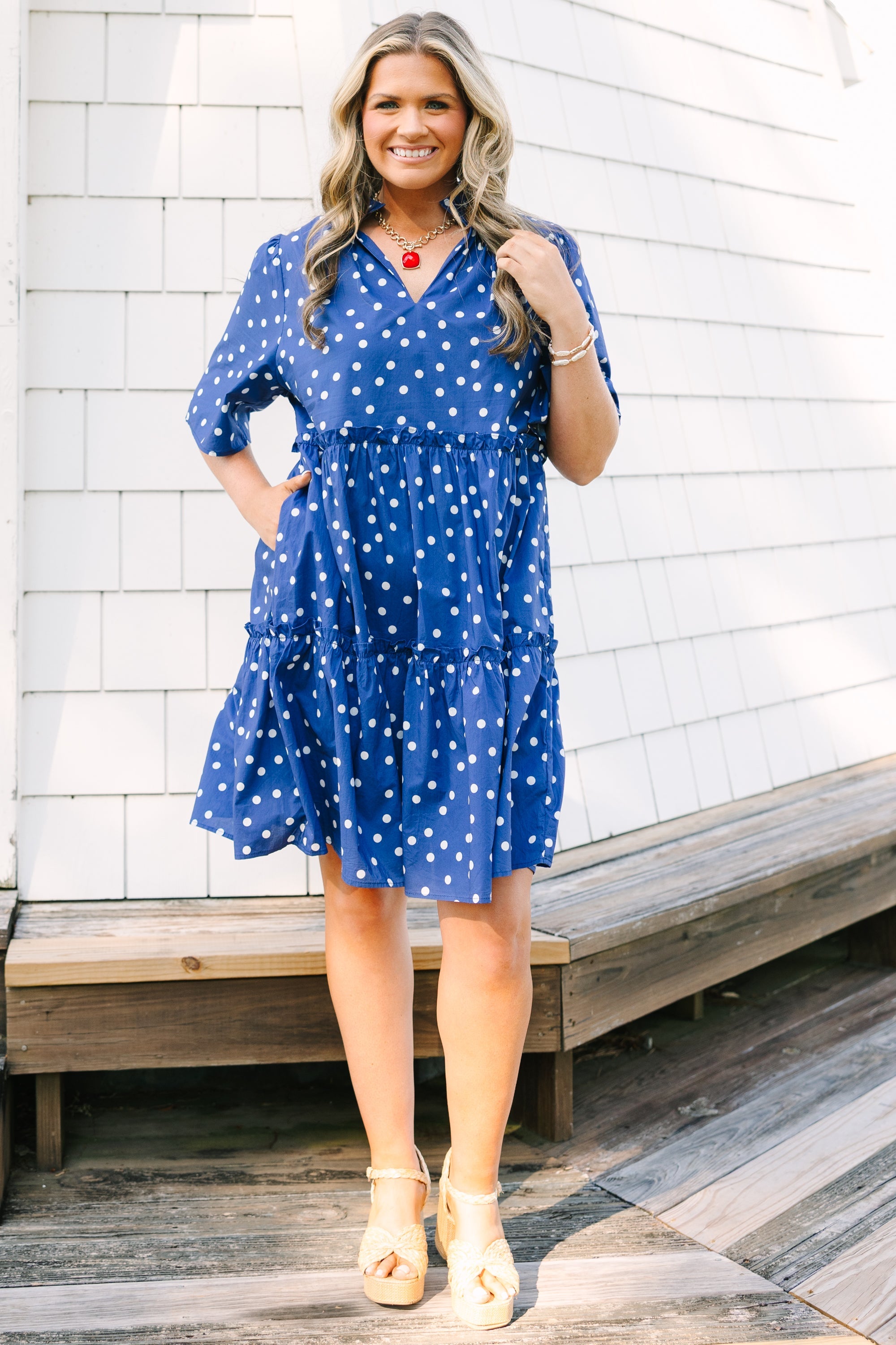 Through The Arbor Dress, Navy Polka Dot