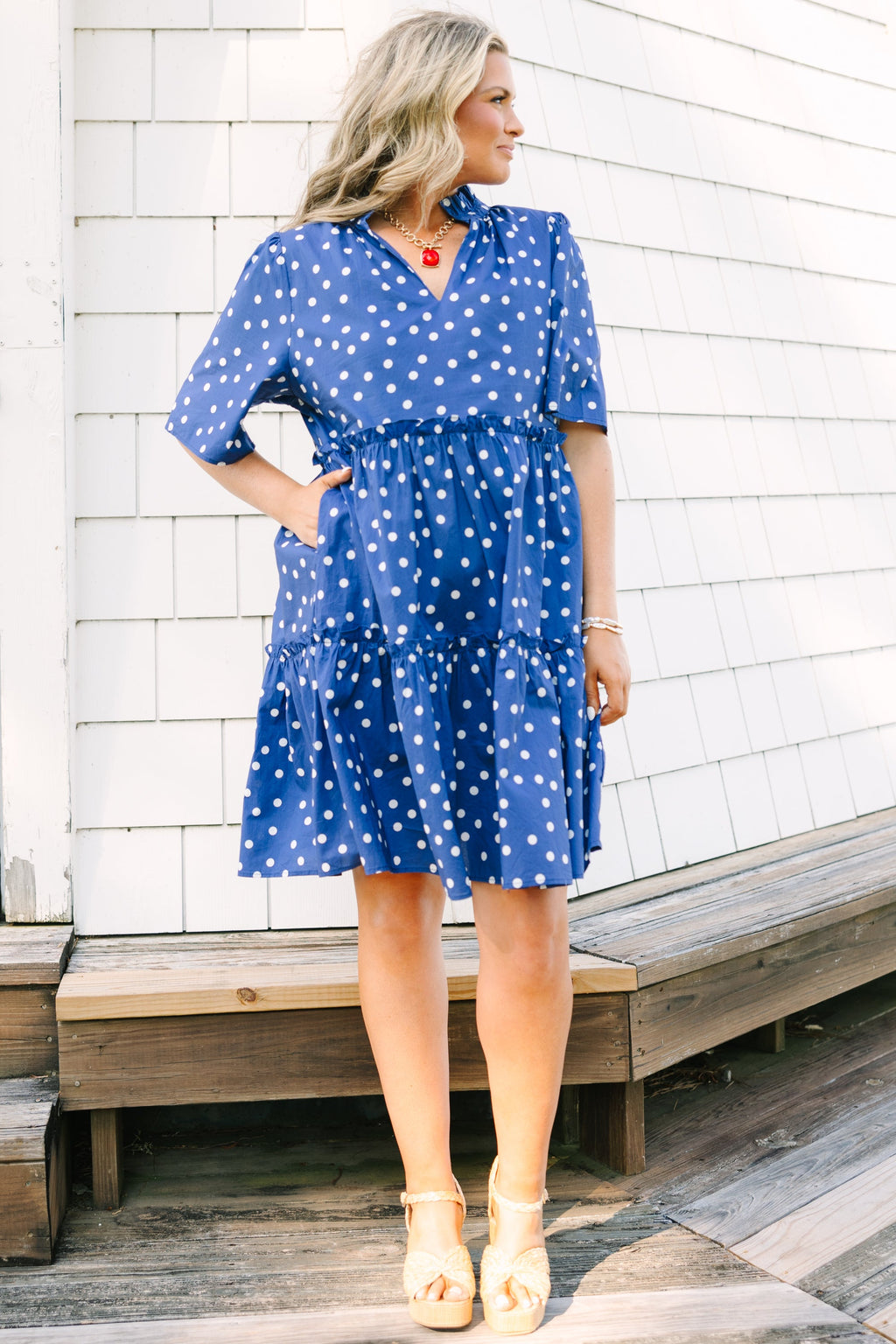 Through The Arbor Dress, Navy Polka Dot