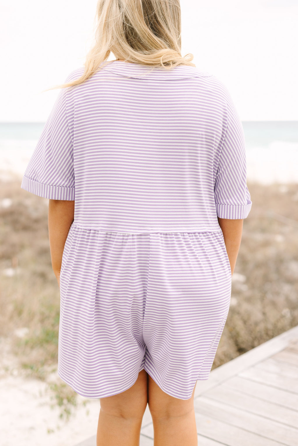 Throw On And Go Romper, Purple Stripe