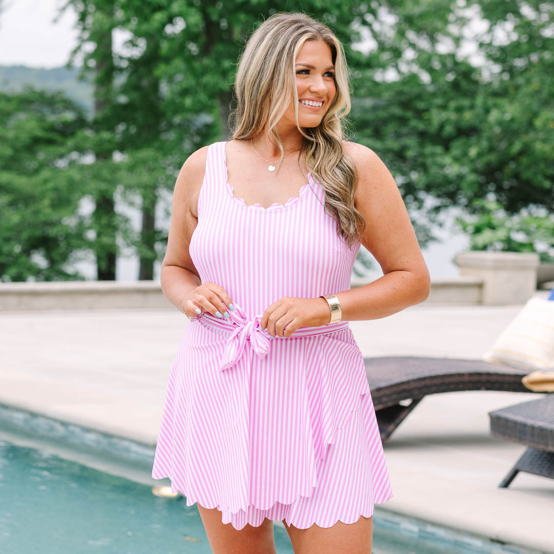 Vacation Mode Swim Dress, Pink Stripe