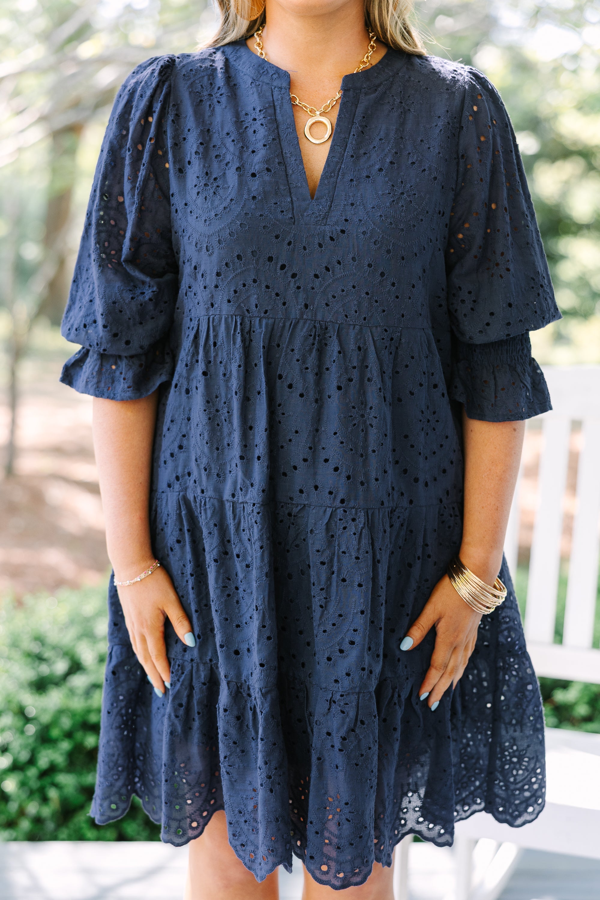 What You Know Dress, Navy Embroidery