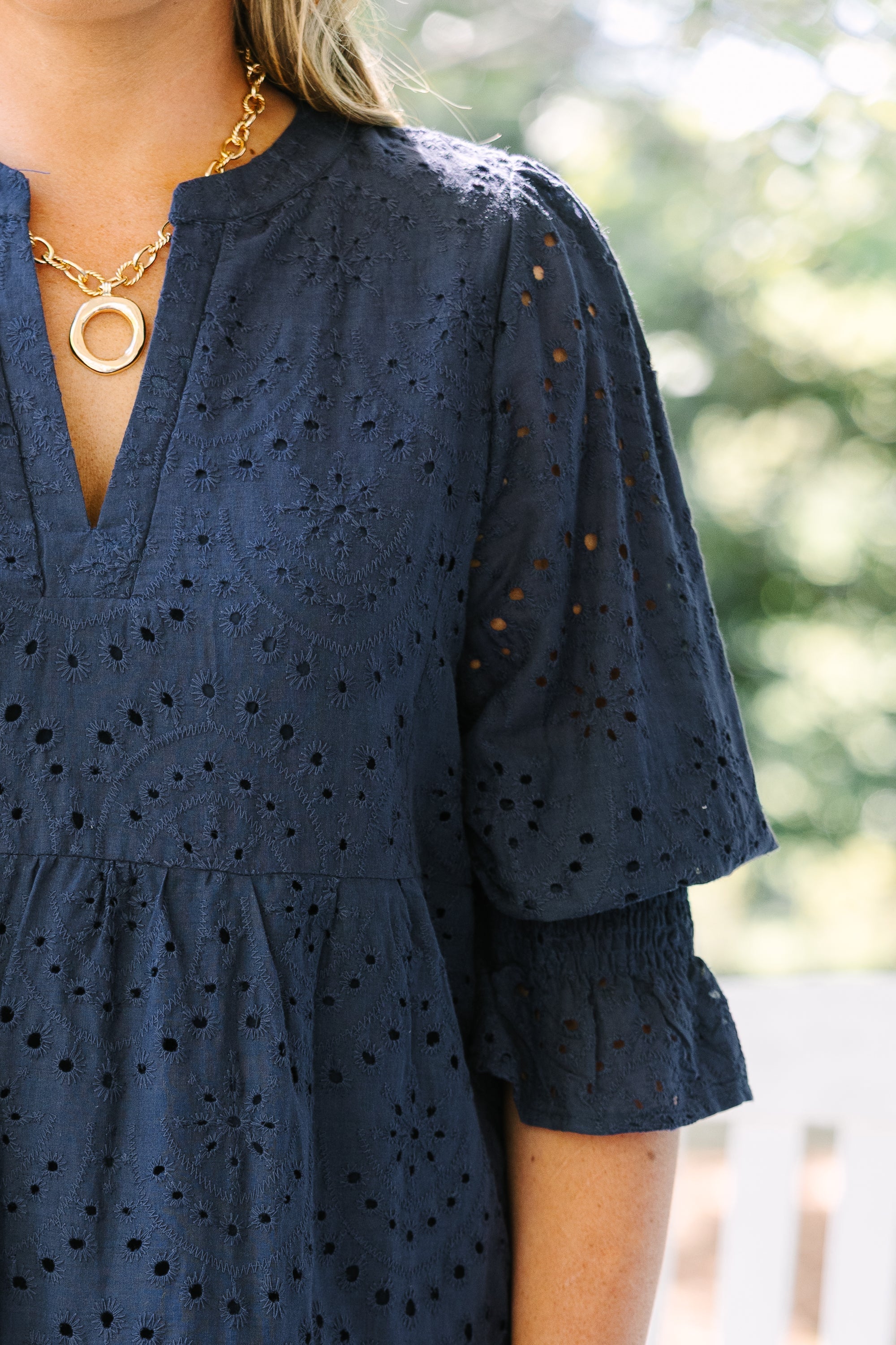What You Know Dress, Navy Embroidery