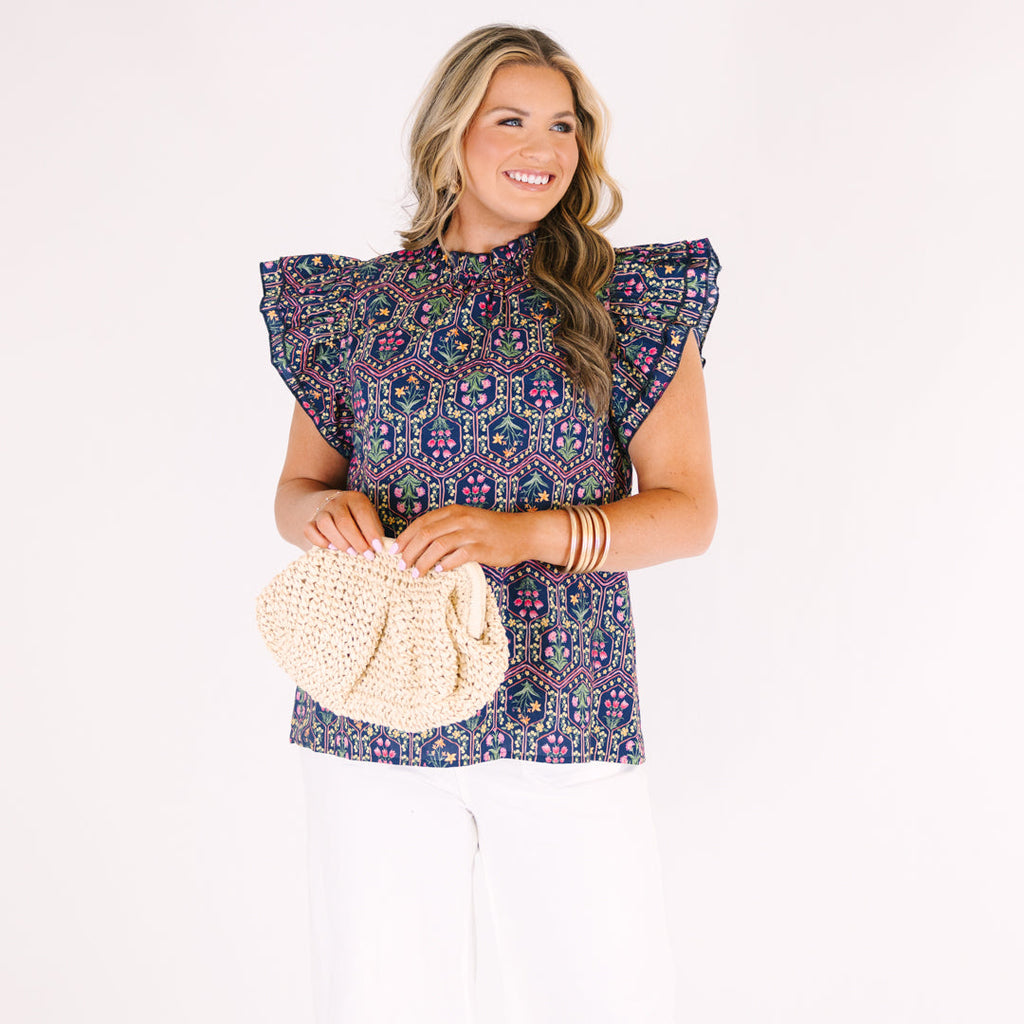 Whirlwind Passion Top, Navy Floral
